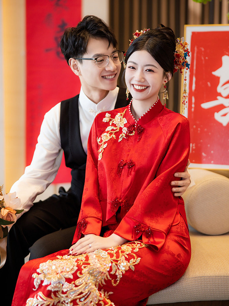 红色套装女旗袍敬酒服女2025秋季新品订婚回门宴高端改良婚服套装