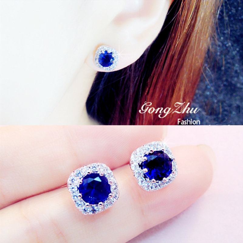 韩国超闪复古水晶仙女蓝宝石耳环