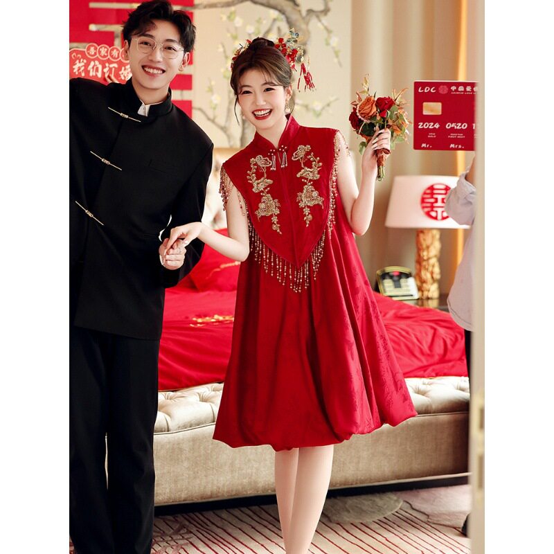 2025新款中式敬酒服新娘高级感孕妇改良旗袍酒红色结婚订婚回门