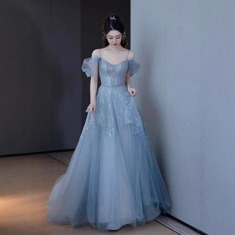 晚礼服2026新款结婚礼服女高级感生日宴会成人礼大合唱礼服裙蓝色