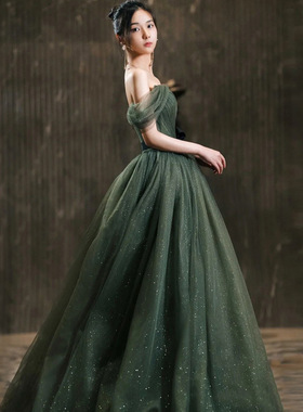 宴会晚礼服演出服蓬蓬裙森系绿色一字肩显白显瘦音乐会礼服连衣裙