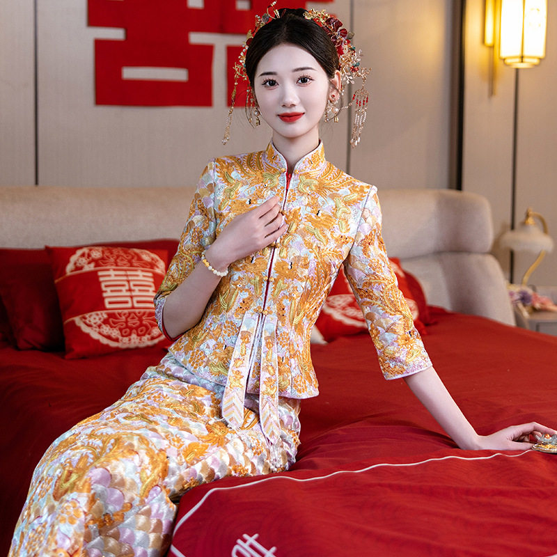 新娘头饰中式红色古风汉服秀禾服眉心坠琉璃花朵流苏龙凤褂发饰品
