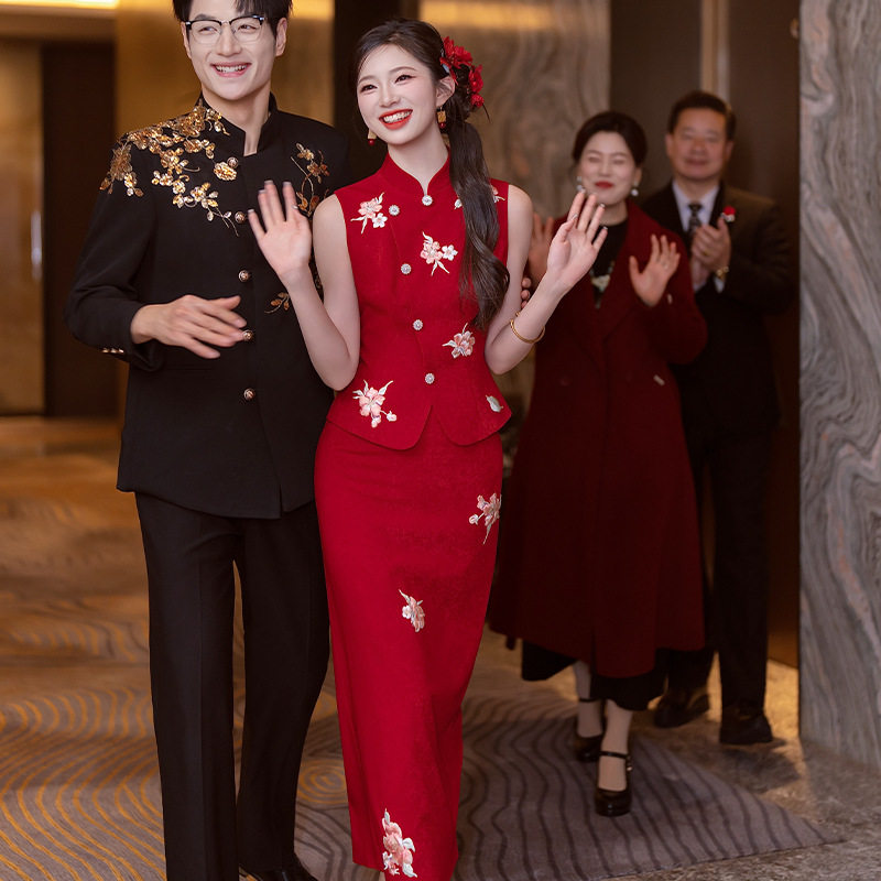 无袖红色旗袍新中式敬酒服2026新款新娘结婚出门礼服订婚服两件套