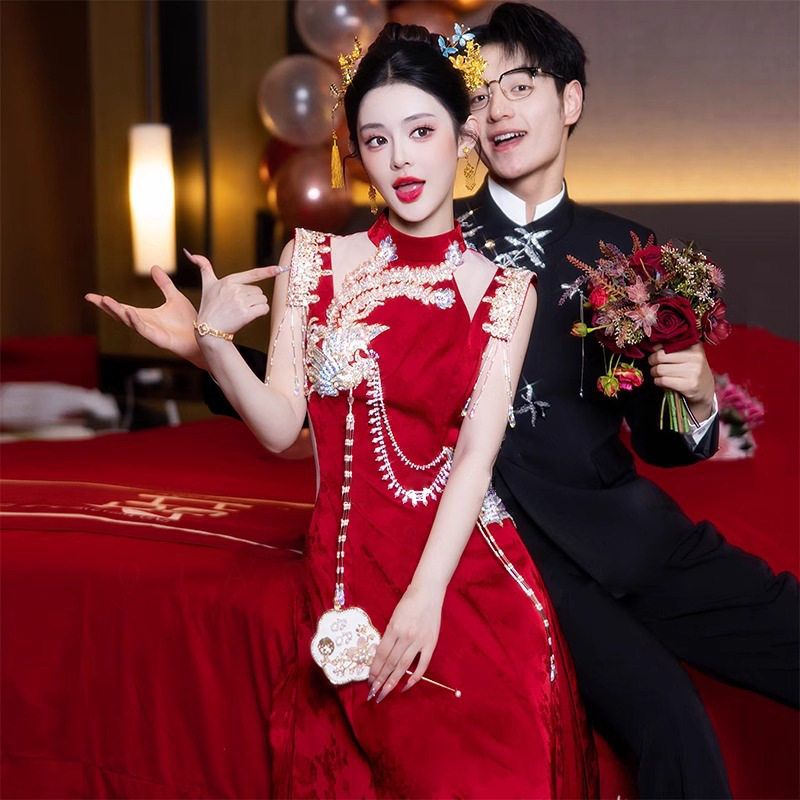 2025新款订婚礼服敬酒服新娘结婚高端轻奢红色高端中式晚礼服