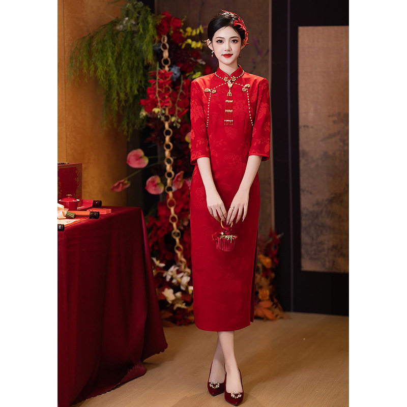 新中式改良旗袍年轻2025春季红色晚礼服订婚宴回门日常可穿连衣裙