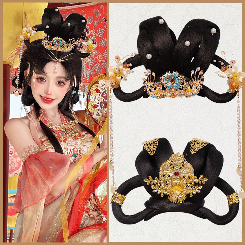 汉服假发女演出敦煌飞天舞蹈假发头饰组合琵琶舞发髻古装造型发包