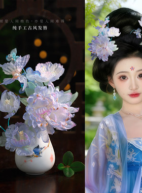 古风手工烫花牡丹发夹拍照百搭
