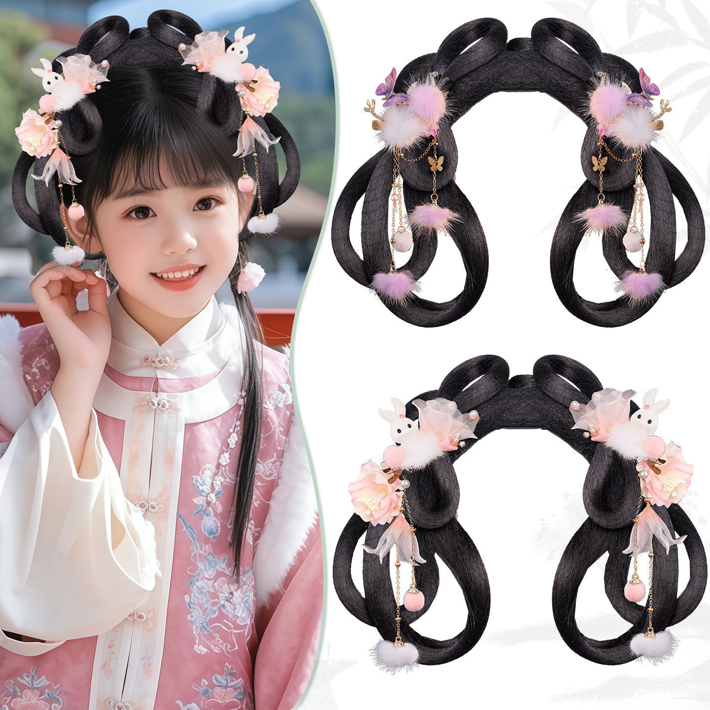 女童假发头饰一体式全套演出发髻盘发古风汉服可爱毛茸茸造型组合,美发护发/假发,演出假发,淘宝优惠券,粉丝福利购,淘宝优惠卷