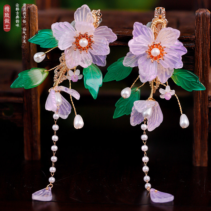 复古可爱粉色发夹琉璃汉服头饰夹边花朵古风发饰清新古装新鲜少女