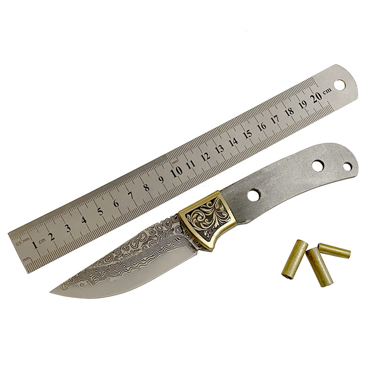 铜花大马士革水果刀直刀桌面刀沉香刀diy半成品胚子手工制作103