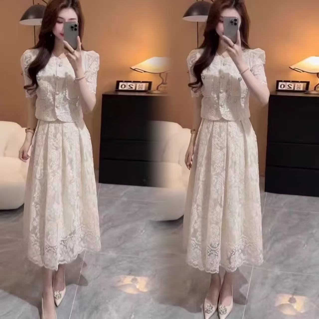 白色蕾丝刺绣开衫上衣女遮胯显廋半身长裙高级感法式小香风仙女装