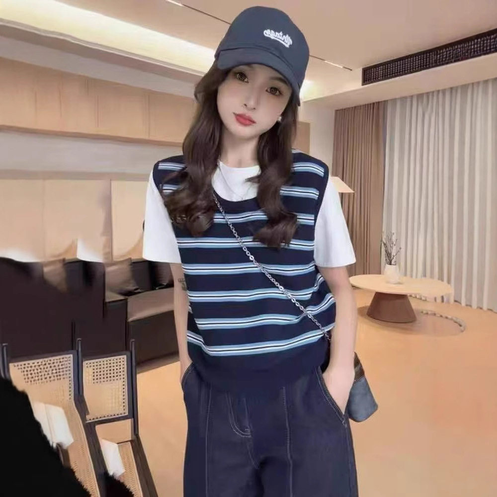 2025新款港版冰丝针织衫女假两件短袖T恤撞色条纹通勤百搭女上衣