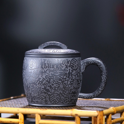 宜兴紫砂杯石黄汉瓦百福杯刻绘家用男士全手工带盖高档泡茶杯子