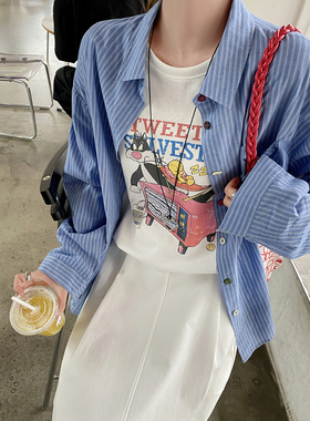 美己己 条纹宽松松弛设计感衬衫春夏蓝色防晒长袖彩色扣别致上衣