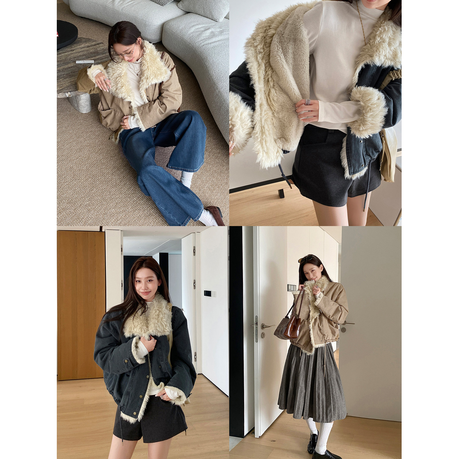 美己己  羊羔毛短款皮毛一体外套冬季宽松保暖加厚翻领派克棉服