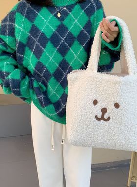 有趣琳 210212可爱毛绒小熊手提包韩ins大学生少女心刺绣双面拎包