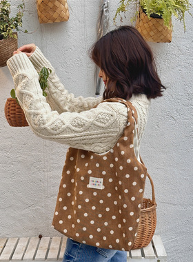 有趣琳 51141 复古波点帆布袋通勤单肩包大容量背心包学生上课