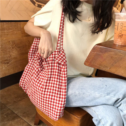 夏日红白格文艺大容量女包