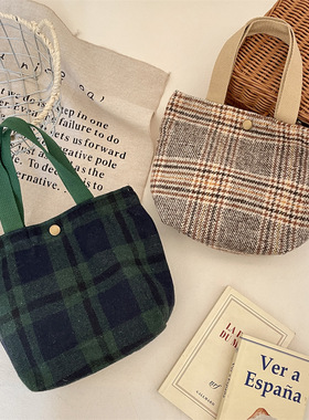 有趣琳 08181 ins复古毛呢格子便当包文艺小清新格子手提包杂物