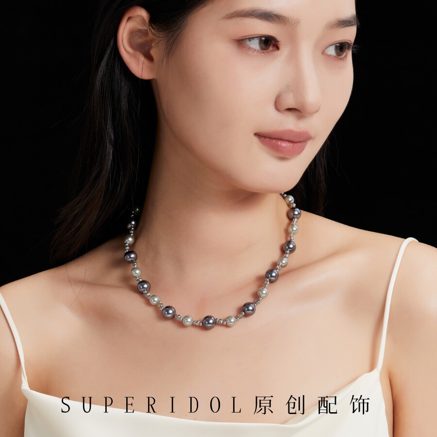 小香风大溪地灰黑色珍珠长款颈链女毛衣项链轻奢高级感双层叠戴潮