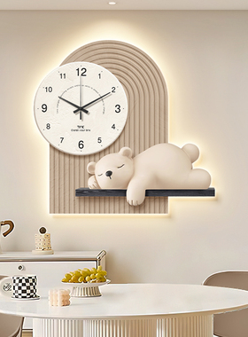 奶油风客厅装饰画挂钟餐厅挂画带led灯画可爱动物创意时钟表壁画