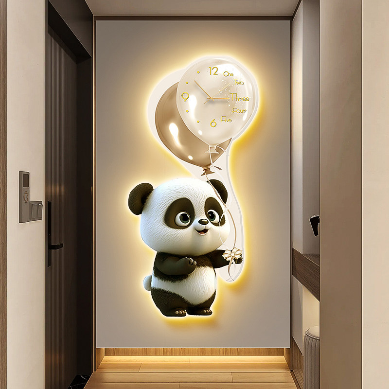 现代简约气球玄关装饰画熊猫儿童房挂画带钟表挂钟走廊过道壁画灯