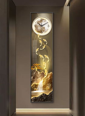 现代轻奢九鱼图玄关过道装饰画钟表挂钟客厅背景墙挂画发光壁画灯