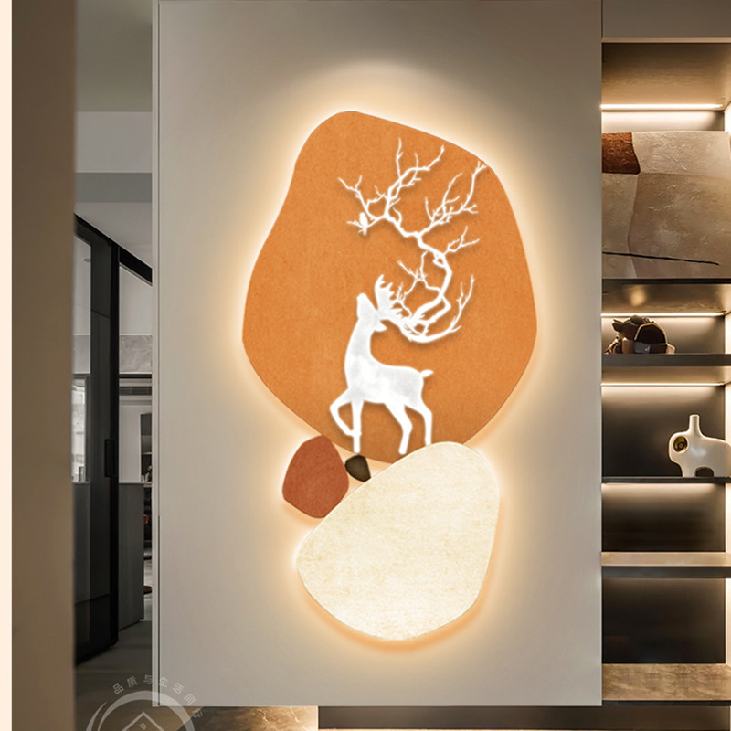 入户门正对墙挂画现代轻奢客厅走廊过道壁画带灯画麋鹿玄关装饰画