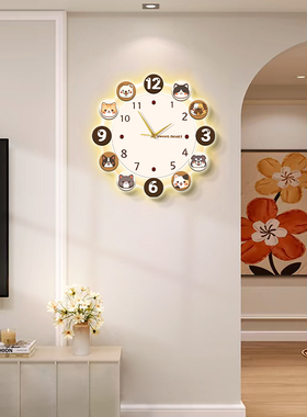 奶油风客厅电视背景墙挂钟卡通钟表餐厅挂画时钟灯画新款装饰画