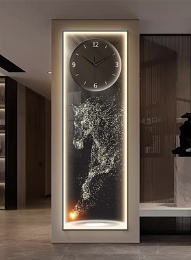 马到成功玄关装饰画钟表挂钟客厅抽象骏马创意时钟壁灯窄长条挂画
