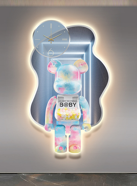 暴力熊玄关装饰画带钟表led灯画现代轻奢走廊玄关挂画高档墙壁画
