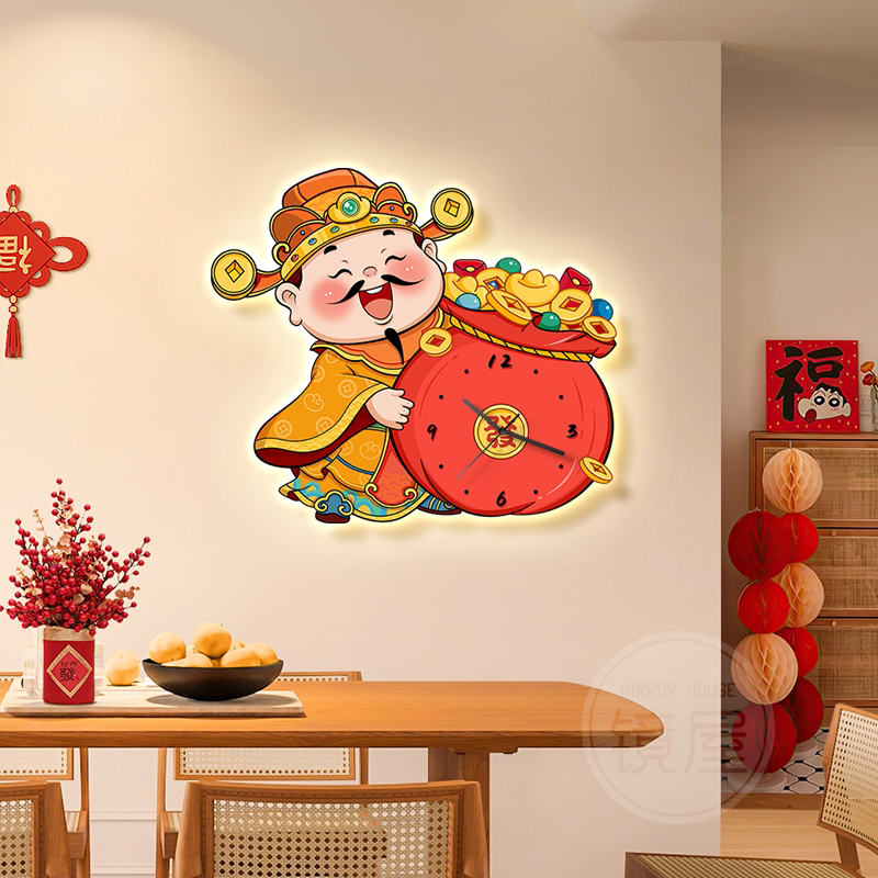 奶油风餐厅装饰画钟表挂钟客厅挂画财神爷电视背景墙壁画餐桌时钟