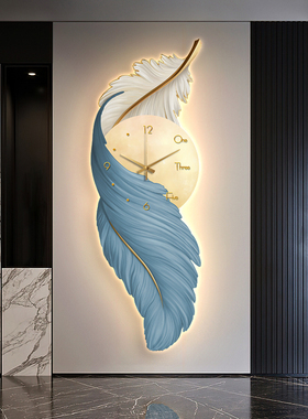 入户玄关装饰画现代轻奢羽毛壁画带钟表led氛围灯画高档玄幻挂画