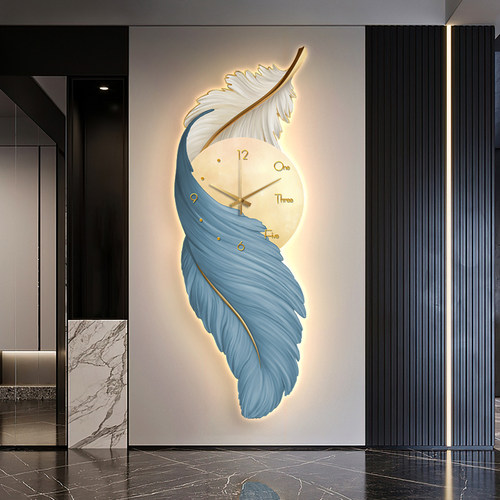 入户玄关装饰画现代轻奢羽毛壁画带钟表led氛围灯画高档玄幻挂画