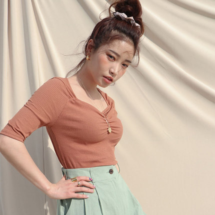 现货韩国代购stylenanda修身褶皱半袖T恤文化衫品质短款