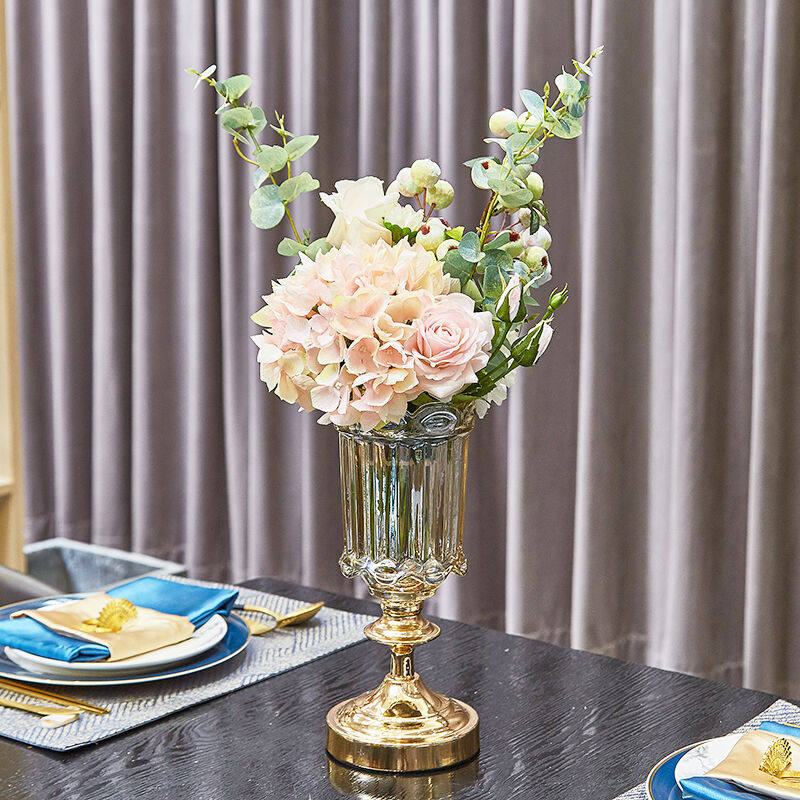 轻奢北欧ins风金色水晶玻璃花瓶 欧式台面客餐厅金属仿真花器摆设