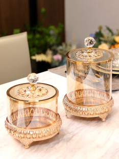 欧式 饰储物罐创意客厅茶几轻奢雕花干果糖果罐 带盖水晶玻璃装 美式