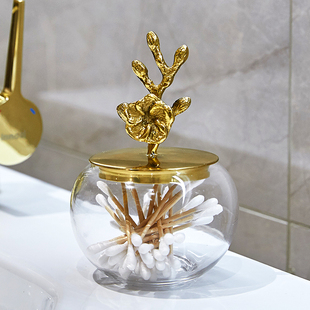 复古美式 纯铜梅花玻璃棉签罐乳液瓶装 饰 简约样板间浴室装 饰品