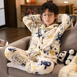 儿童睡衣法兰绒秋款加厚男童10岁珊瑚绒套装男孩女童家居服初中生