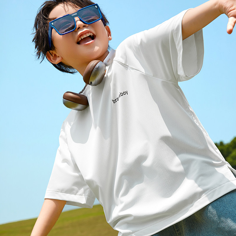 儿童短袖薄款2025新款冰丝男童T恤速干白色上衣男孩宝宝半袖衣服