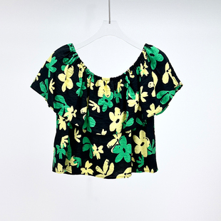 3755 T恤女衬衣小衫 碎花上衣一字肩斜肩大圆领女装 花朵图案短袖