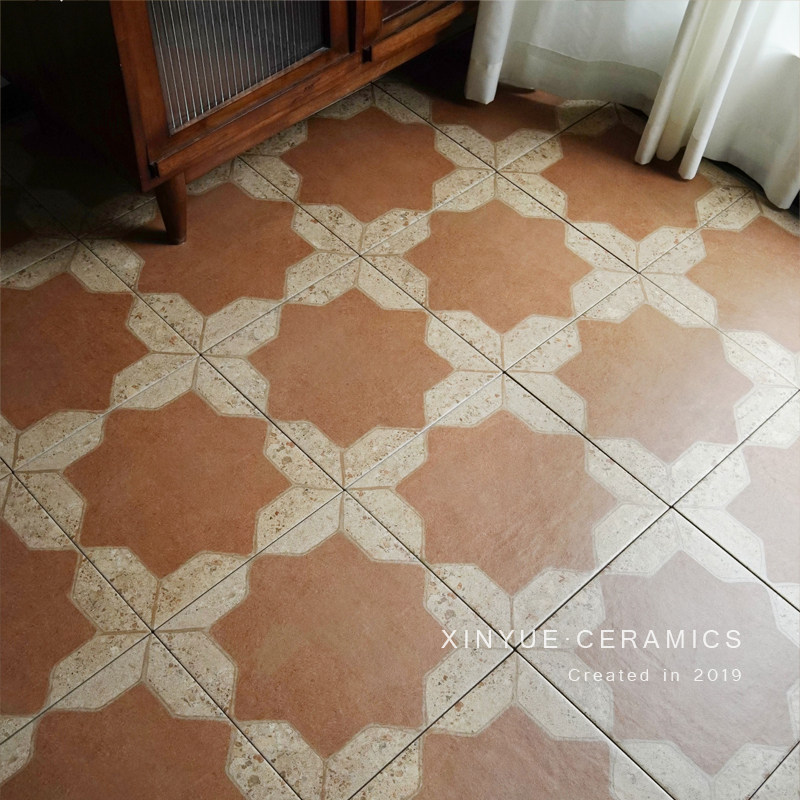 广东复古红土色八角星300x300花砖厨房商铺瓷砖卫生间防滑地砖
