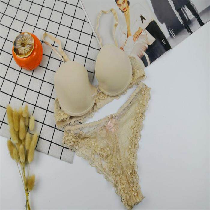 75BD80BC光面薄海棉垫T恤文胸套装 夏季少女丁字裤内衣套装杏色