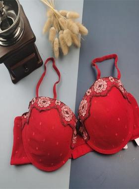 75C80BC本命年红色文胸蕾丝可拆肩带海棉上薄下厚新娘内衣有钢圈