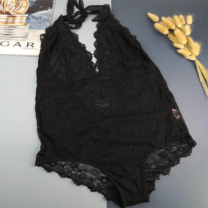 挂脖式性感全透明蕾丝吊带三角连体衣 可开档扣情趣美体衣睡衣