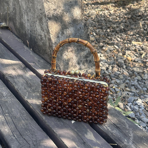【CILI CLUTCH 】设计自制 中式复古竹节玳瑁色串珠方盒手提包