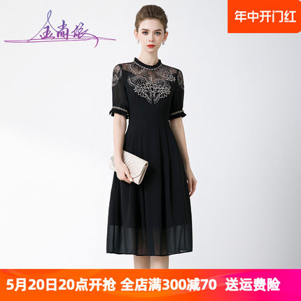 时尚黑色雪纺连衣裙女短袖夏季法式高级感显瘦蕾丝小黑裙宴会礼服