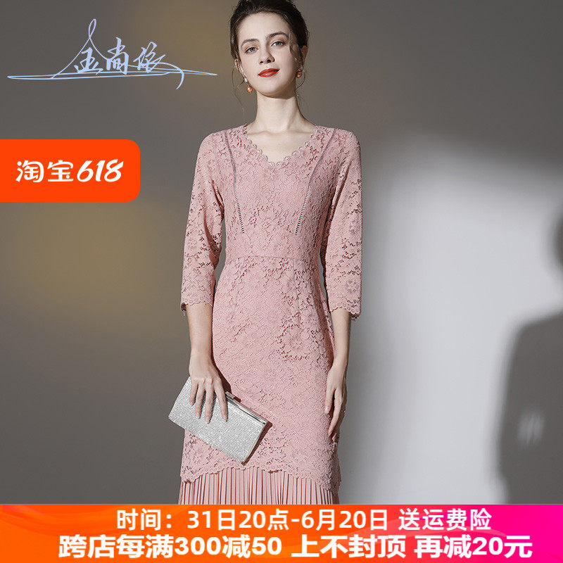 平常可穿妈妈蕾丝连衣裙2024夏短袖高贵婆婆婚宴装蕾丝拼接百褶裙