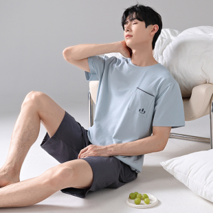 睡衣套装 短裤 夏季 短袖 圆领宽松凉感透气家居服 薄款 紧密纯棉男士