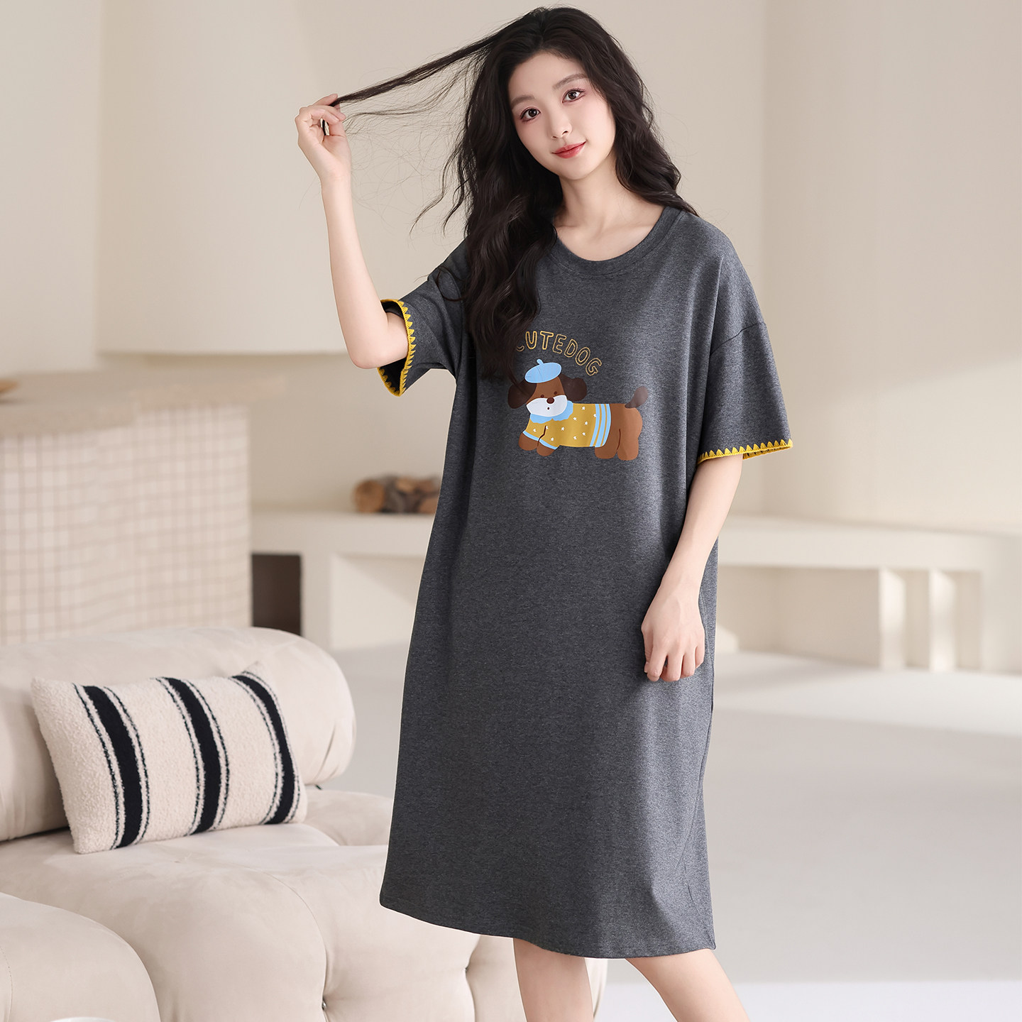 精梳纯棉短袖睡裙女夏季卡通甜美中长款宽松睡衣家居服全棉裙子